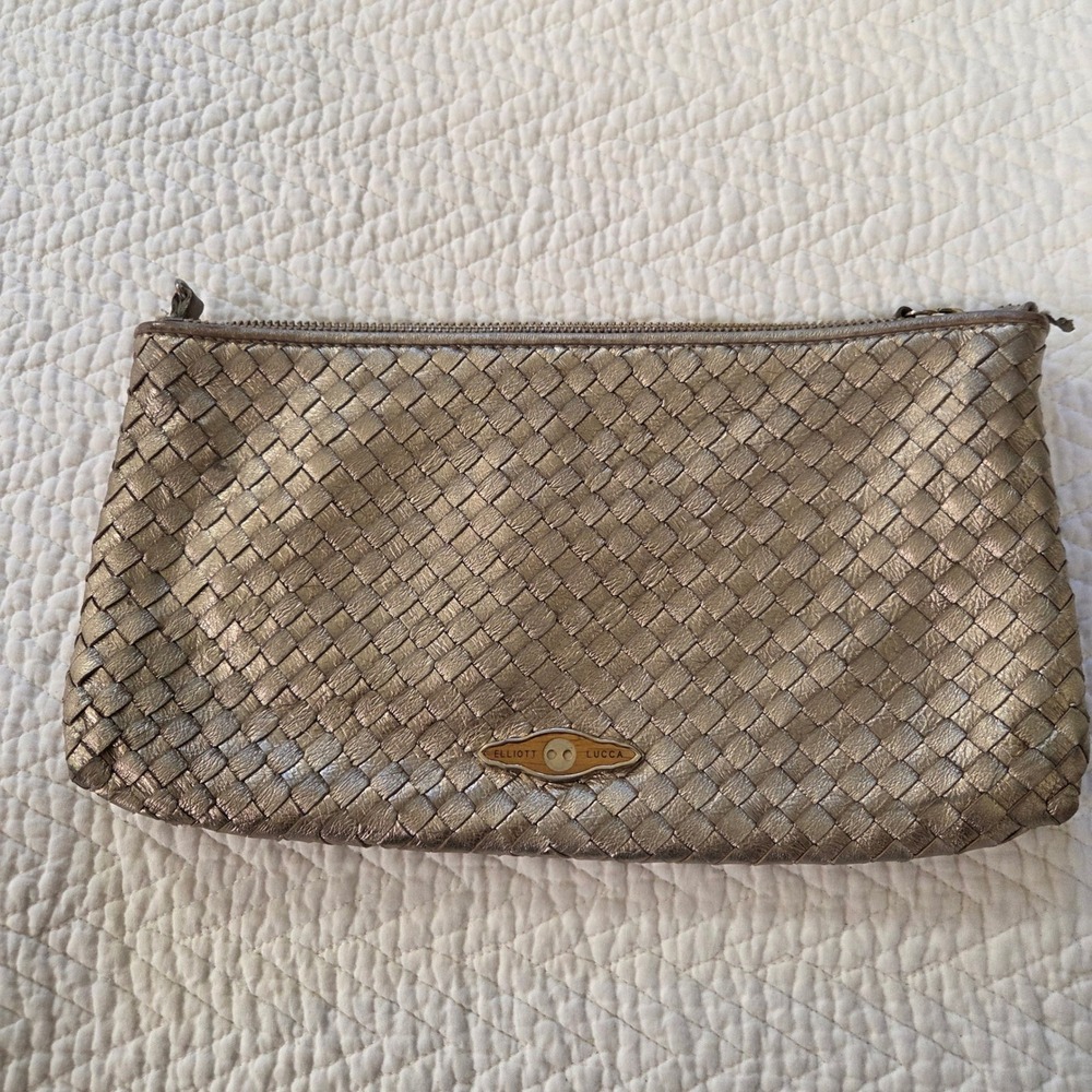 Elliott Lucca Metallic Pewter Woven Leather Clutch Pouch Bag Bronze Zip Top
